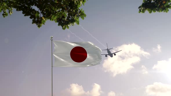 Japan Flag With Airplane And City -3D rendering alt