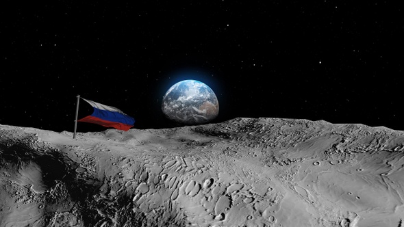 Russia Flag on the moon with earth in background