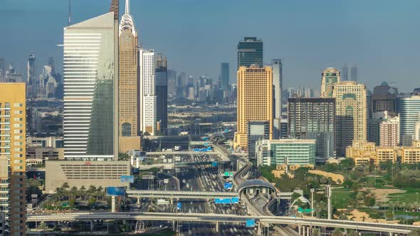 Aerial View of Dubai Marina Skyscrapers and Internet City Towers Timelapse with Traffic on Sheikh