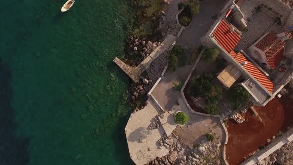 Drone View of the Ancient Monastery and Church of the Island of Zhanic Montenegro