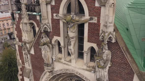 Aerial View of Historical Church of Saints Olga and Elizabeth Old Gothic Temple in Town Lviv Ukraine