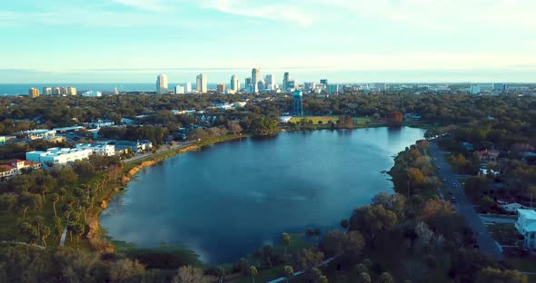 4K Aerial Slow Tracking Video of Downtown St Petersburg from Crescent Lake Park