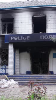 Vertical Video of a Wartorn Police Station in Ukraine