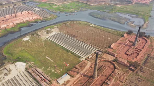 Aerial view of brick factories in Dhaka province, Bangladesh.