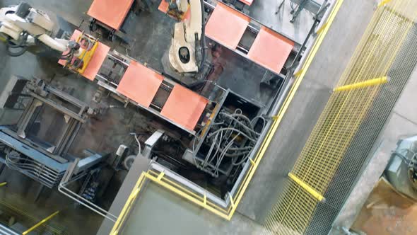 Top View of a Robotic Complex Transporting Copper Sheets