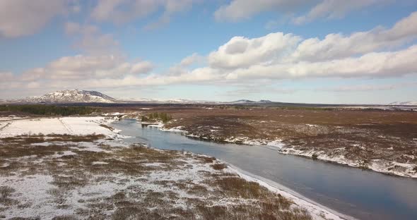 Cinematic drone shot over the Olfusa river near Selfoss Iceland with mountains in the distance