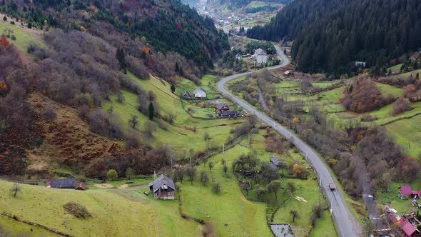 Small Village Along a Road in a Mountain Gorge Carpathian Mountains in Ukraine