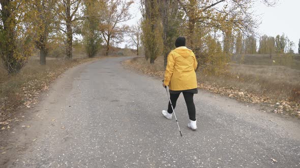 Senior Woman Making Nordic Walking in the Autumn Forest. Nordic Walking Race on Autumn Trail