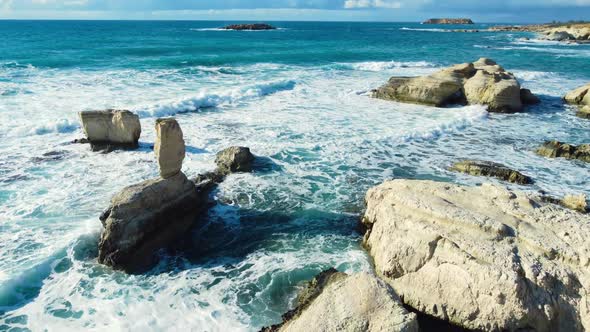 Sea Waves on the Coast Rocky Seashore in Stormy Weather Aerial View Over the Ocean Nature Cyprus