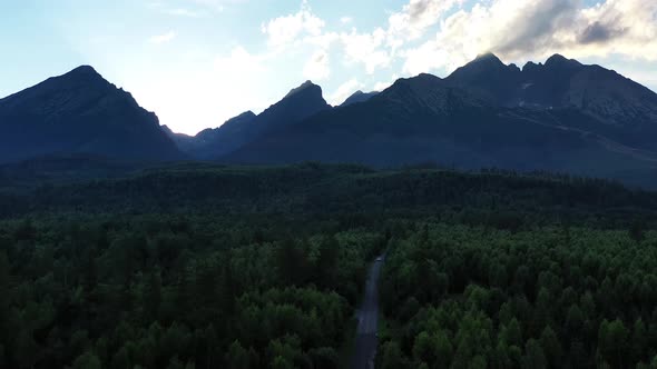 Aerial view of sunset and Tatry mountains in Slovakia