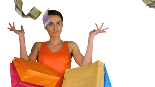 Beautiful Woman Holding Shopping Bags and Throwing Out