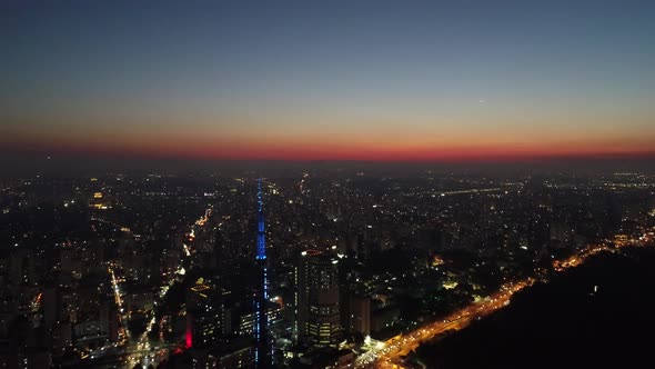 Sunset downtown Sao Paulo Brazil. Downtown district at sunset scenery.