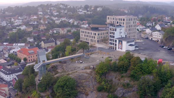Government Office Buildings With Famous Glass Lift On Floyheia In Arendal, Norway. - aerial