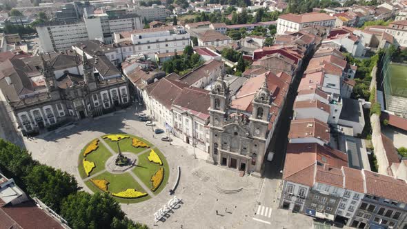 Holy cross church square with fountain and obelisc, braga portugal