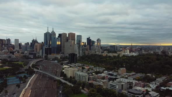 Beautiful Melbourne city skyline at sunset, quiet during the coronavirus outbreak in Australia.