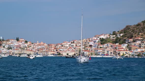 View From the Sea to the Poros Marina Sea Port Greece
