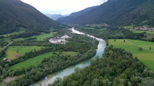 Aerial view of soca river surrounded by beautiful mountains