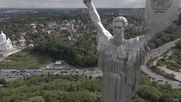 Kyiv, Ukraine: Aerial View of the Motherland Monument. Flat, Gray