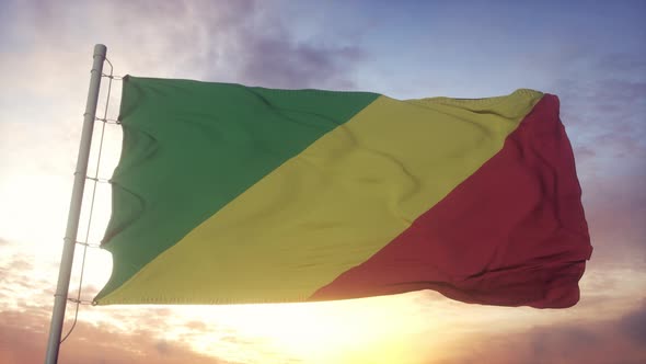 Republic of the Congo Flag Waving in the Wind Sky and Sun Background
