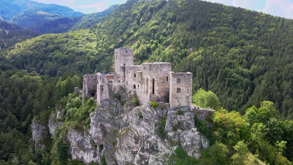 Aerial view of the castle in the village of Strecno in Slovakia