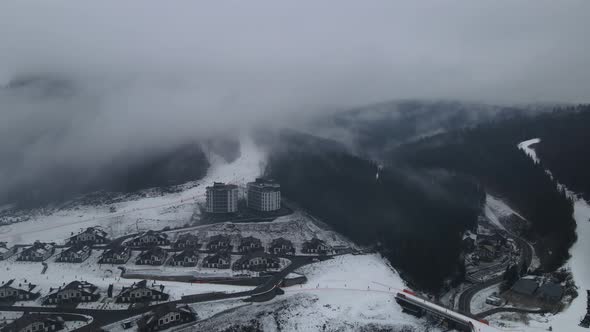 Bukovel Carpathians, Ski Slope With Fog From A Bird's Eye View