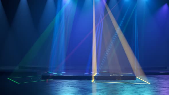 Multiple, colorful disco lights illuminating an empty scene in a dark interior.