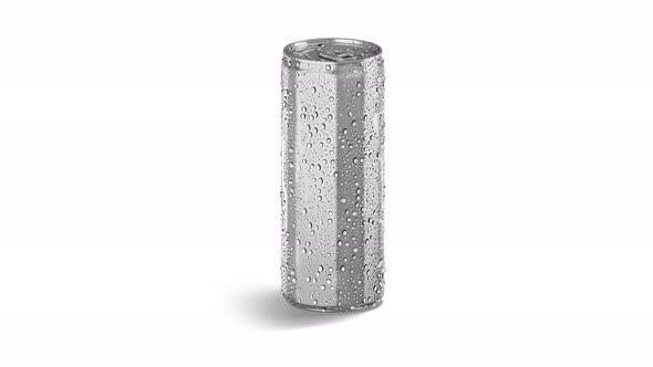 Blank silver 450 ml soda can with drops, looped rotation