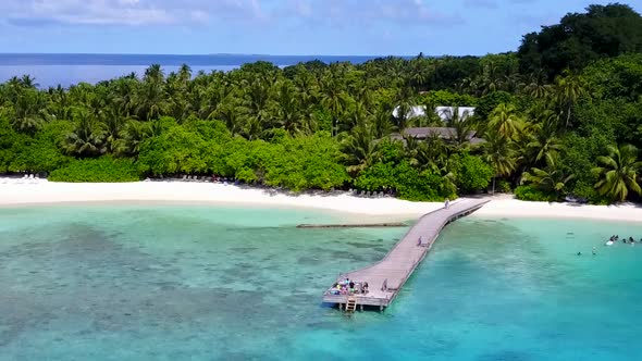 Drone aerial seascape of marine seashore beach journey by blue sea and sand background