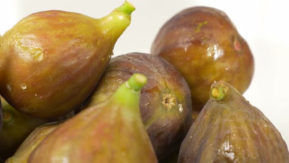 Fresh Ficus carica exotic fruit arranged on white background 4K 2160p UltraHD pan footage - Slow pan