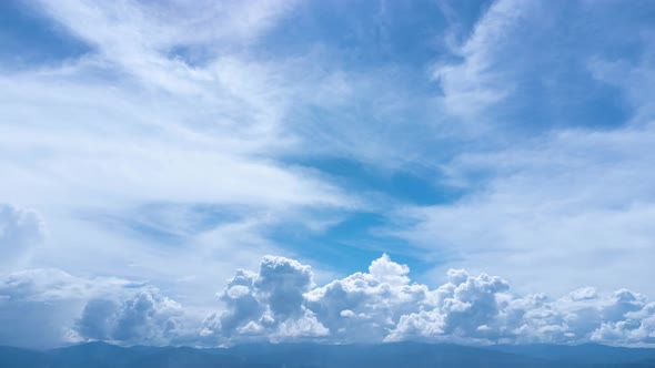 Aerial view of the blue sky with white clouds in summer day. Time lapse of white clouds and sunny. alt