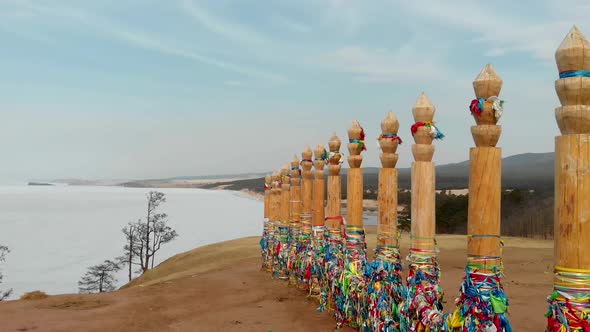 Traditional Serges on Mountain on Island Olkhon in Lake Baikal Ritual Pole at Buryats and Yakuts