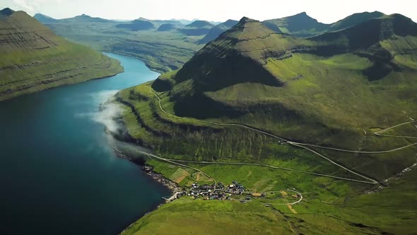 Aerial View of Funningur Village Faroe Islands