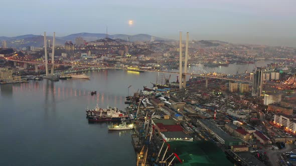 A Wonderful View From a Drone of the Golden Bridge and the City at Sunset