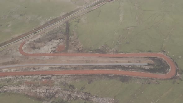 Moving along railroad tracks. Aerial view of Railroad emergency stop track in Trialeti, Georgia