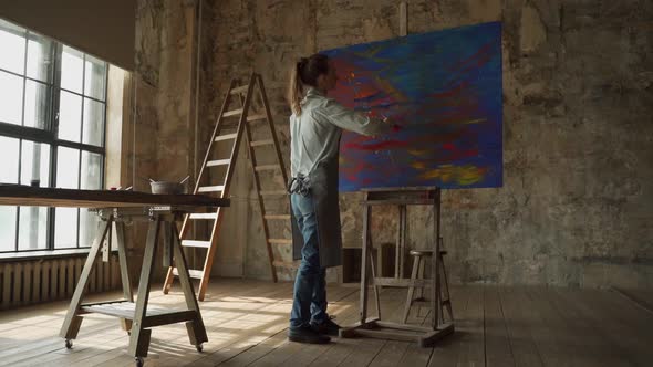 Young Woman Artist Painting Creative Painting Back View