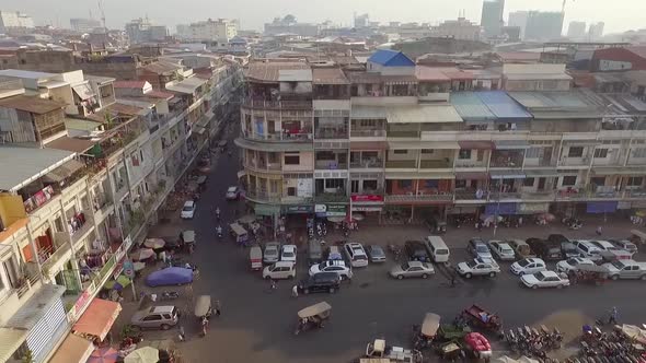 Aerial view of crowded building neighborhood, Phnom Penh, Cambodia.