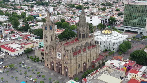 Aerial view of a mexican neo gothic style church.