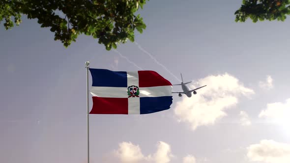 Dominican Republic Flag With Airplane And City -3D rendering