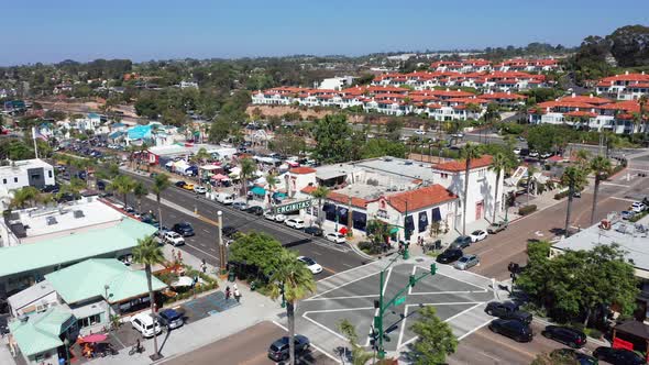 The coastal city of Encinitas in California. Aerial view of a busy road and houses