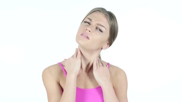 Neck pain , Tired Woman on White Background