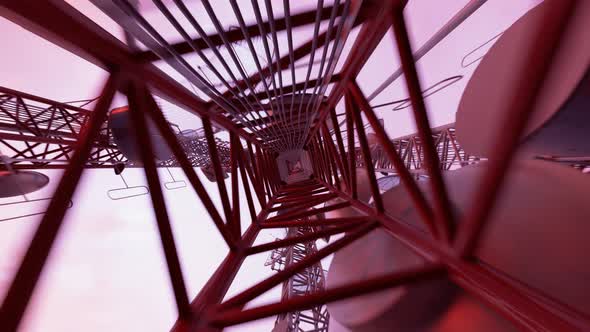 Antenna complex during sundown. Radio communication broadcasting transmitter.