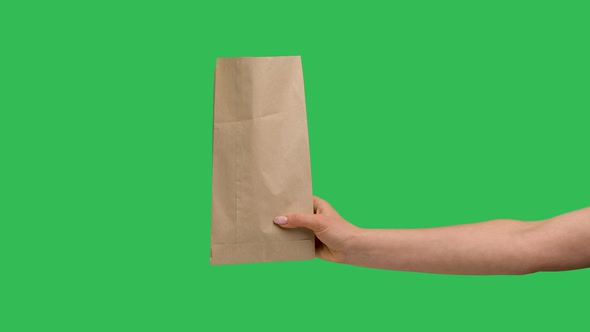 Female Hand Holds a Paper Shopping Bag on the Background of a Green Screen Chroma Key