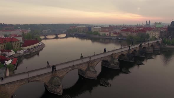 Ancient Charles Bridge and Prague View, Aerial Shot