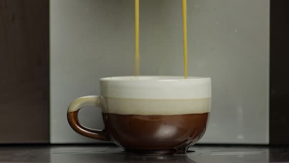 Espresso Shot Pouring Out From Coffee Machine in Small White and Brown Cup. Close Up Footage