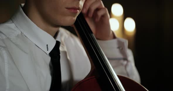 Close-up View on Violoncello in Orchestra. Slow