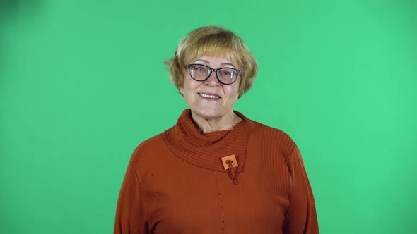 Portrait of Senior Woman Is Looking Straight and Smiling Isolated Over Green Background.