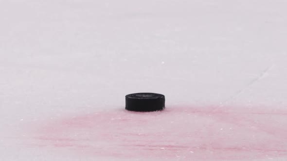 Hockey Referee Takes Away Puck Skating Along Ice Arena