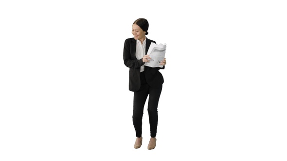 Female Office Worker Dancing with Paper Documents on White
