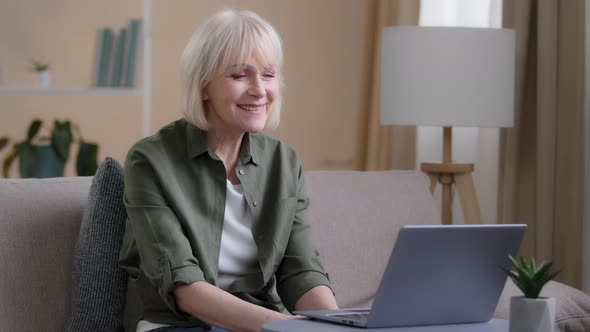 Caucasian Mature Old Senior Woman Sitting on Sofa at Home Talking to Laptop Camera Waving Hello