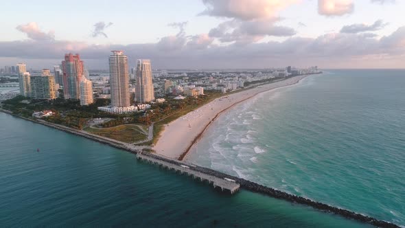 Aerial Miami Flying Away From South Pointe Beach